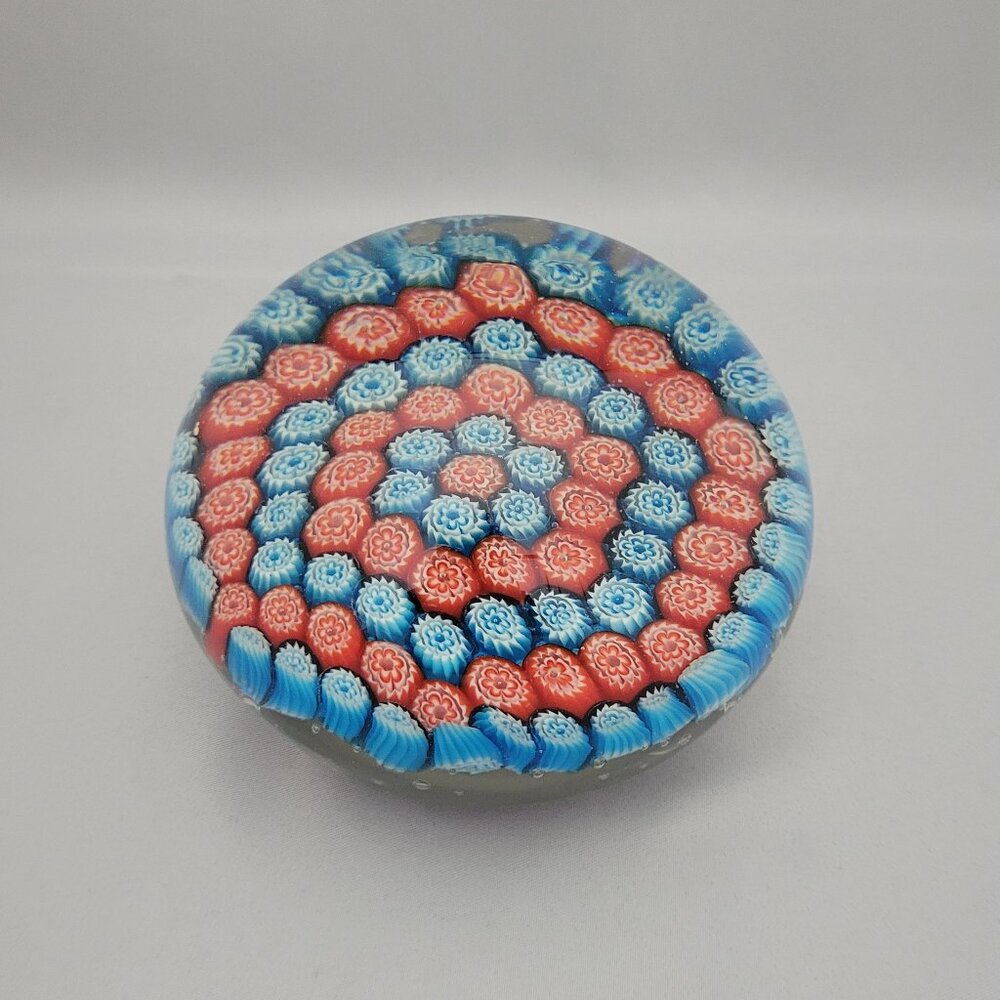 Murano Millefiori Art Glass Paperweight Red Blue White Flower Canes Large 4" x3"